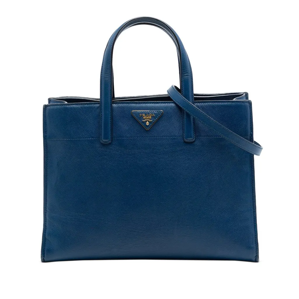 Prada Saffiano Soft Triple Pocket Tote Blue Leather Good - Front View