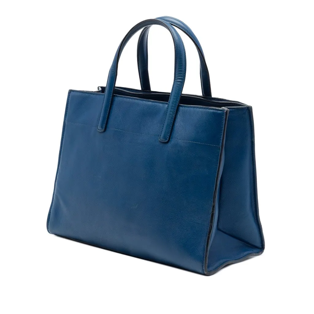 Prada Saffiano Soft Triple Pocket Tote Blue Leather Good - Back View