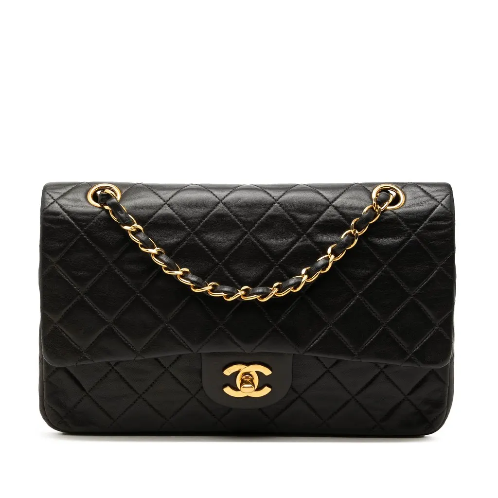 Chanel Medium Classic Lambskin Double Flap Black Leather Good - Front View