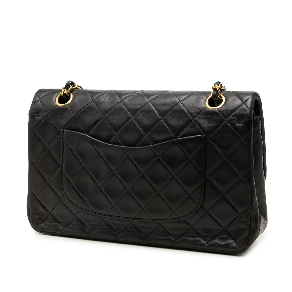 Chanel Medium Classic Lambskin Double Flap Black Leather Good - Back View