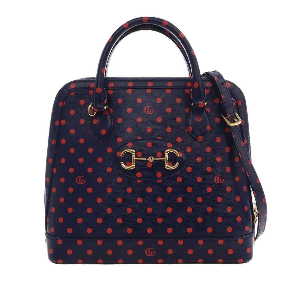 Gucci Small Calfskin Polka Dot Horsebit 1955 Top Handle Satchel Blue Leather Very good - Front View