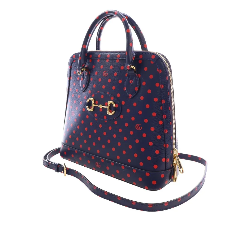 Gucci Small Calfskin Polka Dot Horsebit 1955 Top Handle Satchel Blue Leather Very good - Inside View