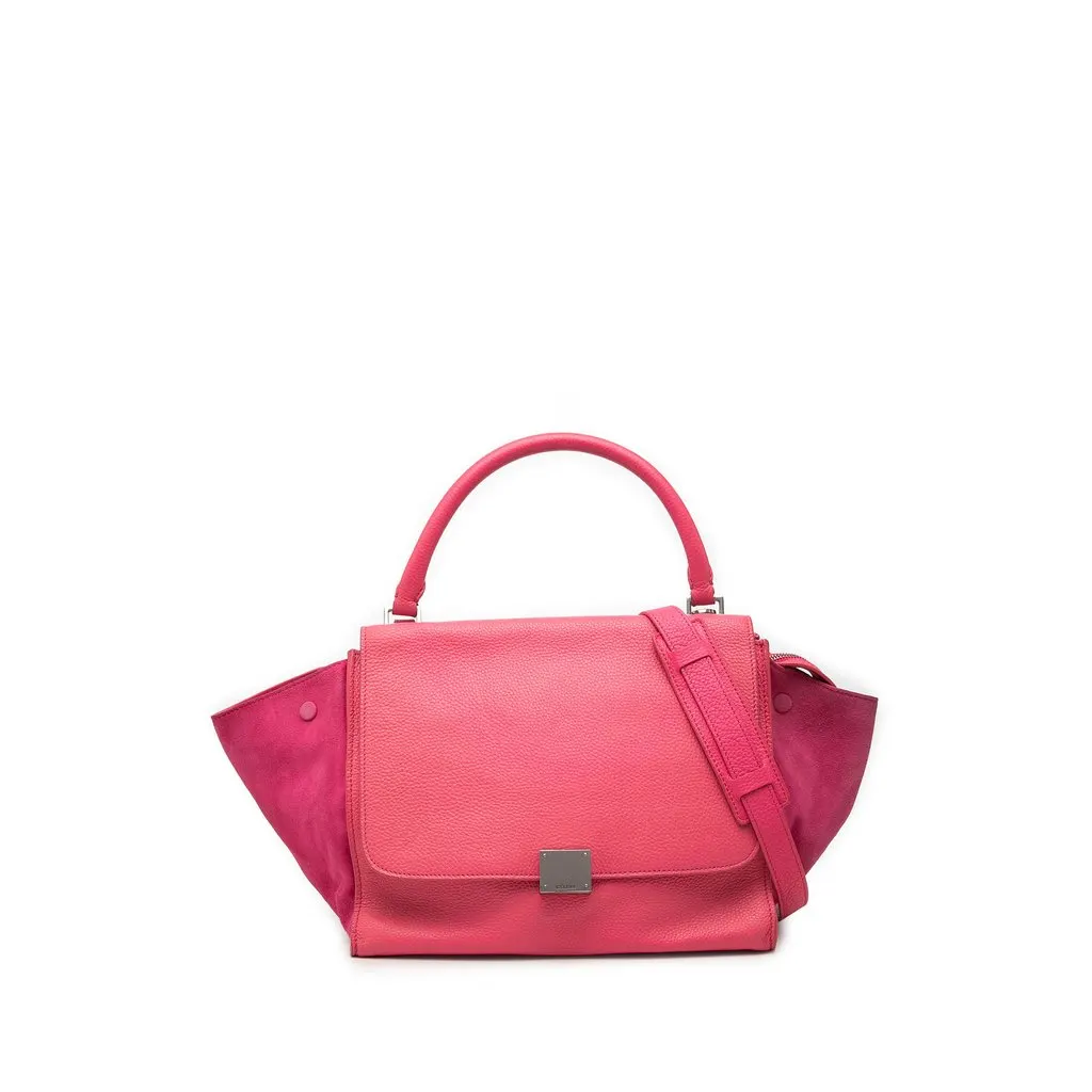Celine Medium Calfskin and Suede Trapeze Satchel Pink Leather Very good - Front View