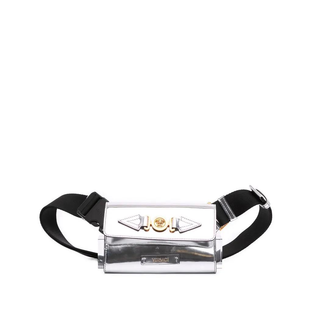 Versace Metallic Calfskin La Medusa Biggie Belt Bag Silver Leather Very good - Front View
