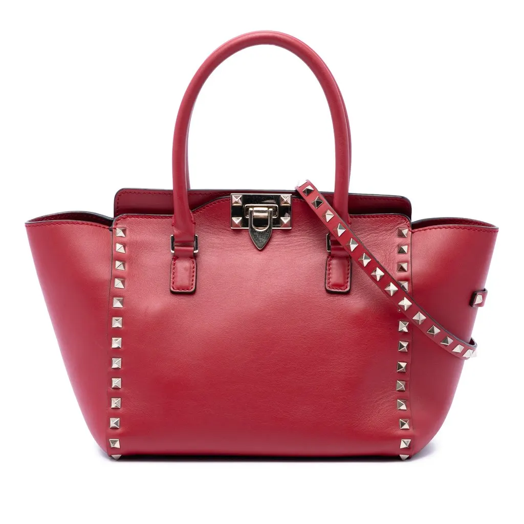 Valentino Small Leather Rockstud Trapeze Satchel Red Leather Very good - Front View