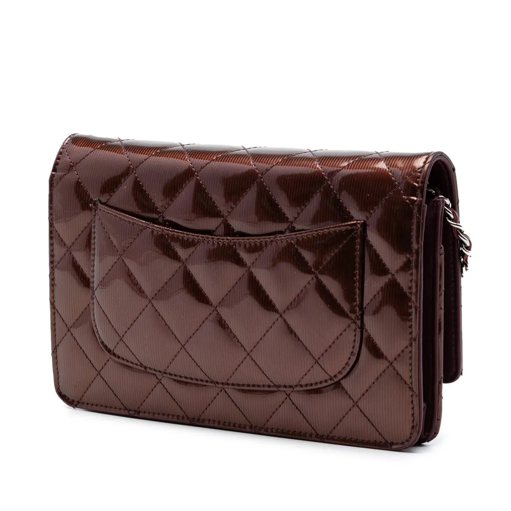 Chanel CC Quilted Striated Metallic Patent Wallet on Chain Red Leather Very good - Back View