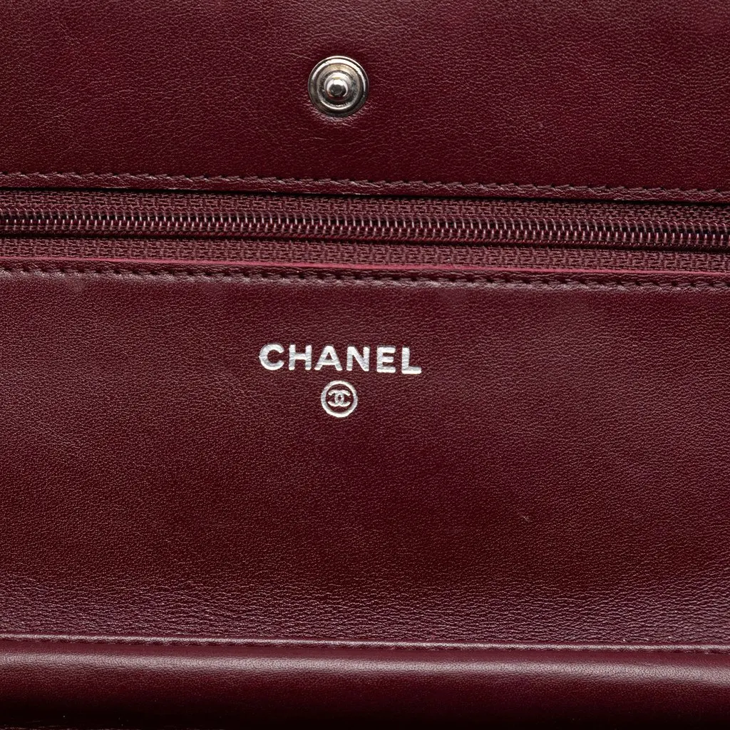Chanel CC Quilted Striated Metallic Patent Wallet on Chain Red Leather Very good - Box View