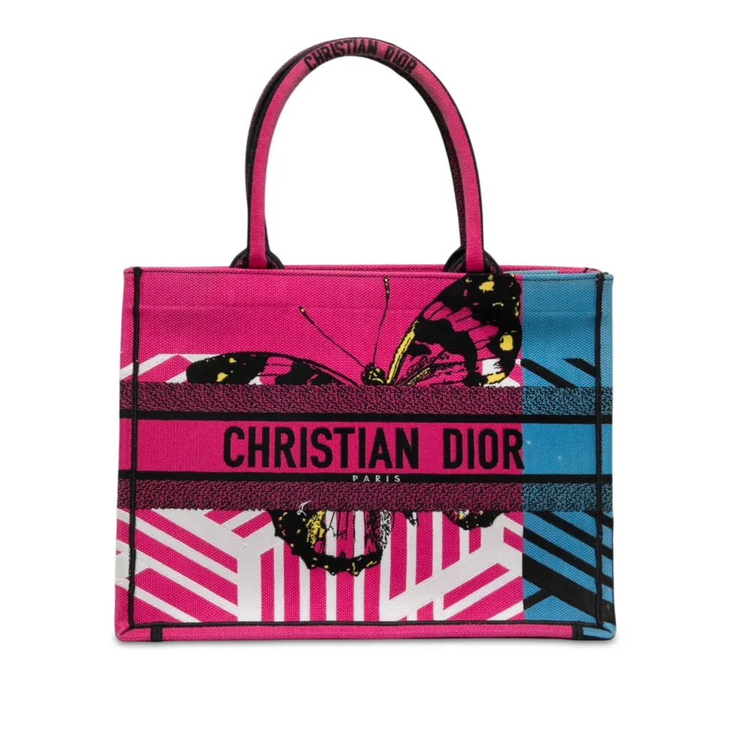 Dior Medium Embroidered Canvas Butterfly D Jungle Pop Book Tote Pink Canvas Good - Front View