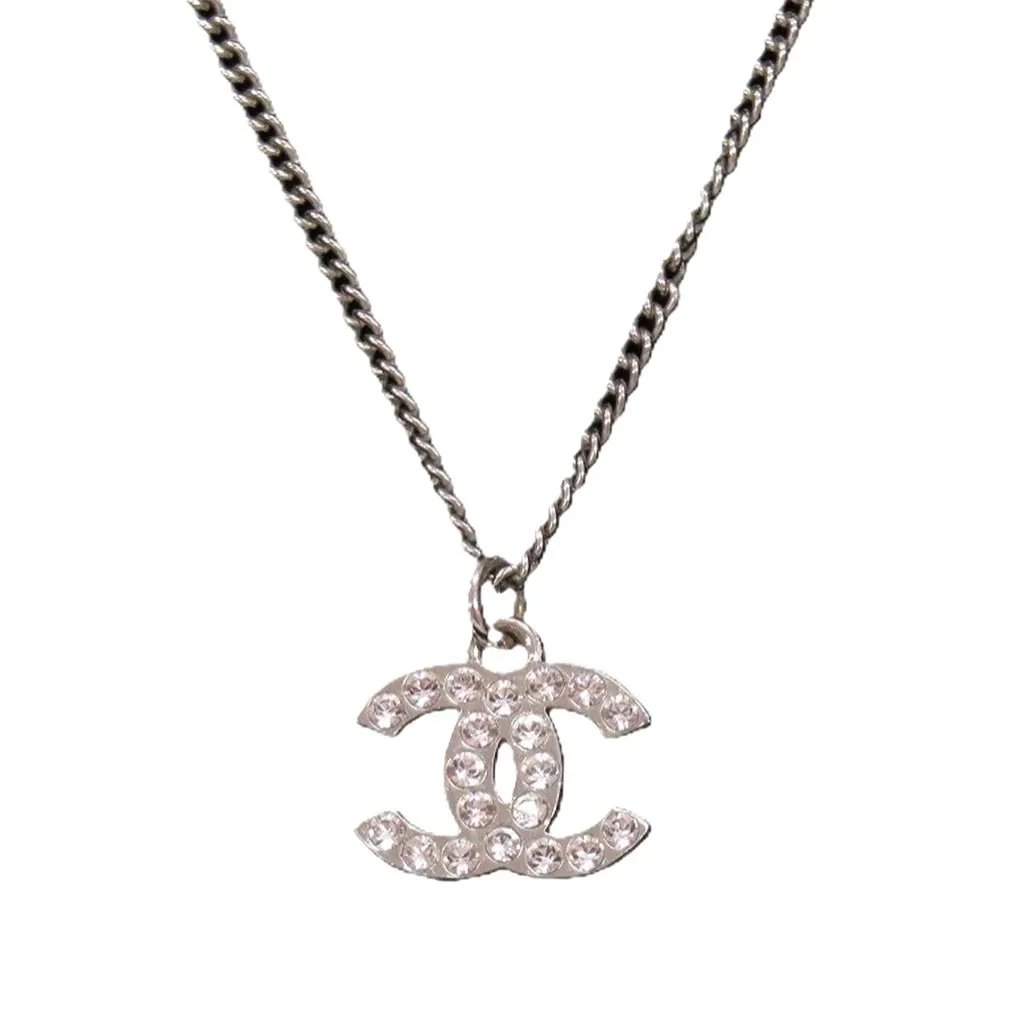 Chanel CC Brass and Strass Pendant Necklace Silver Metal Very good - Front View