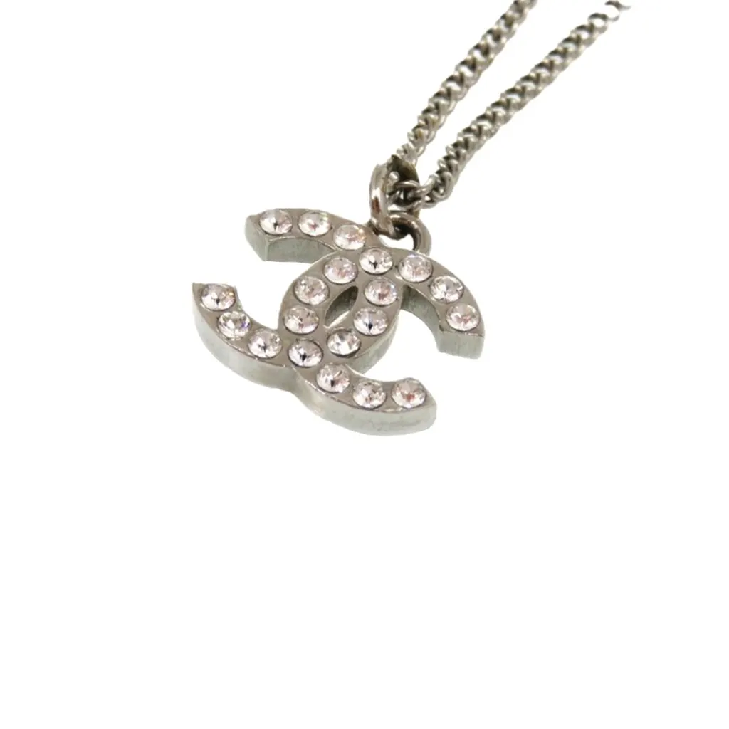 Chanel CC Brass and Strass Pendant Necklace Silver Metal Very good - Inside View