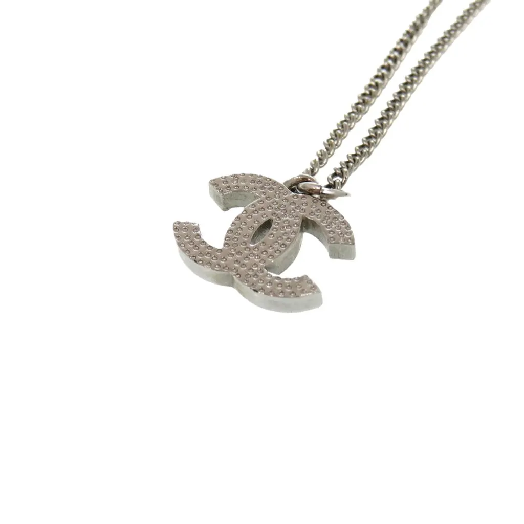 Chanel CC Brass and Strass Pendant Necklace Silver Metal Very good - Model View