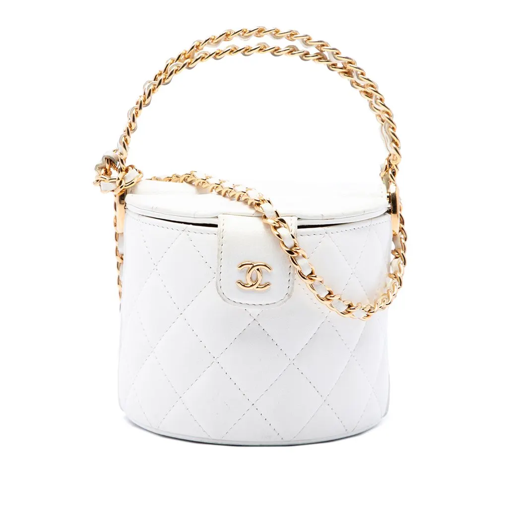 Chanel CC Quilted Lambskin Top Handle Round Vanity Case with Chain White Leather Very good - Front View