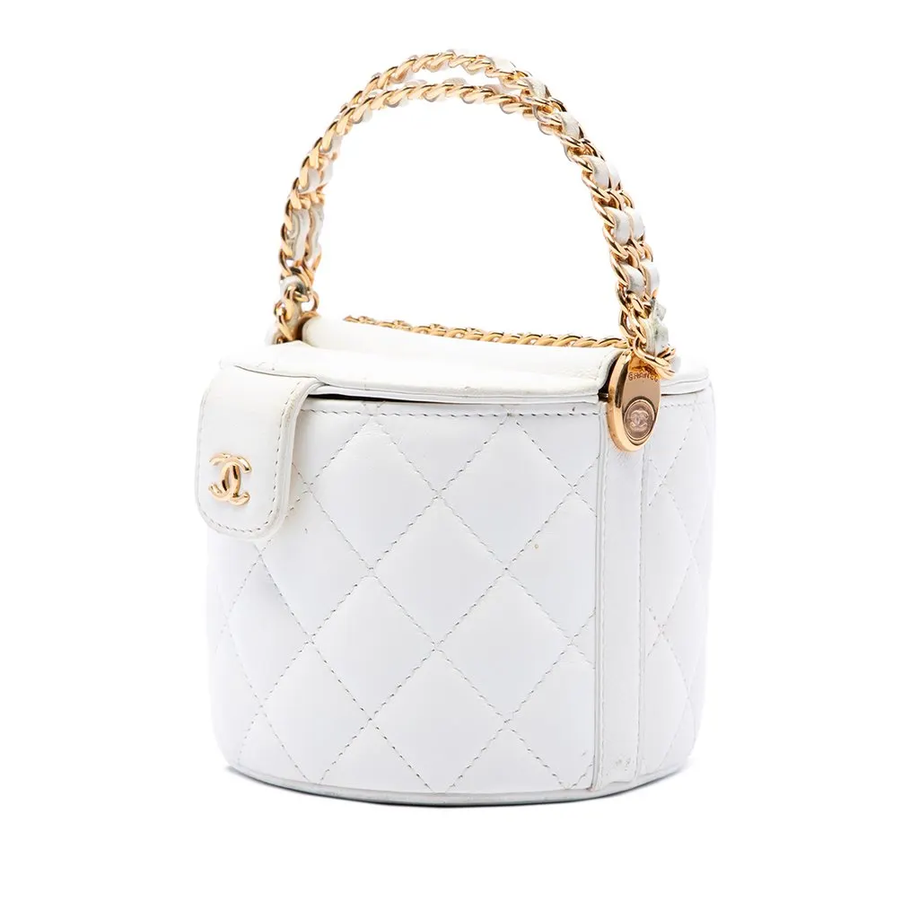 Chanel CC Quilted Lambskin Top Handle Round Vanity Case with Chain White Leather Very good - Back View