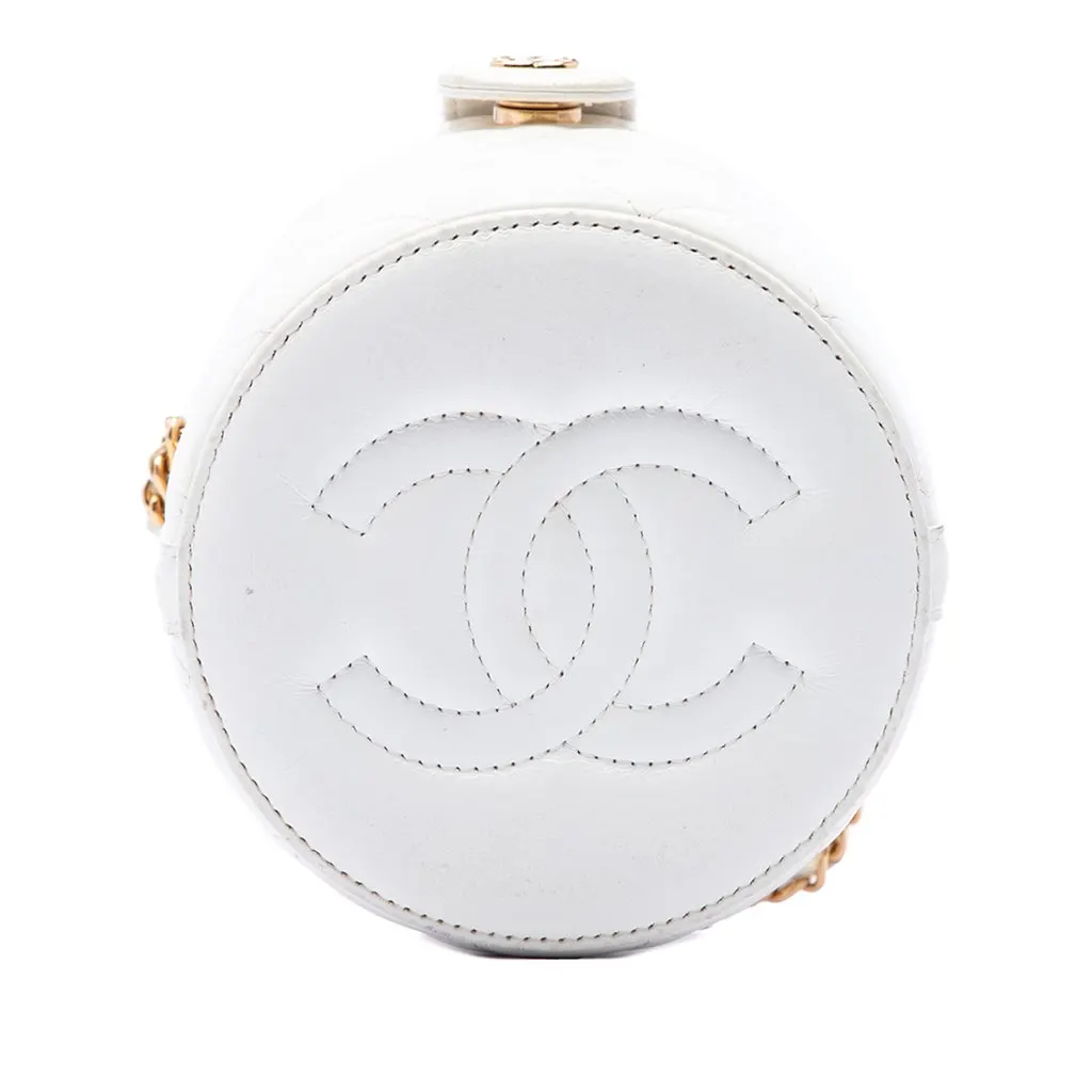 Chanel CC Quilted Lambskin Top Handle Round Vanity Case with Chain White Leather Very good - Inside View