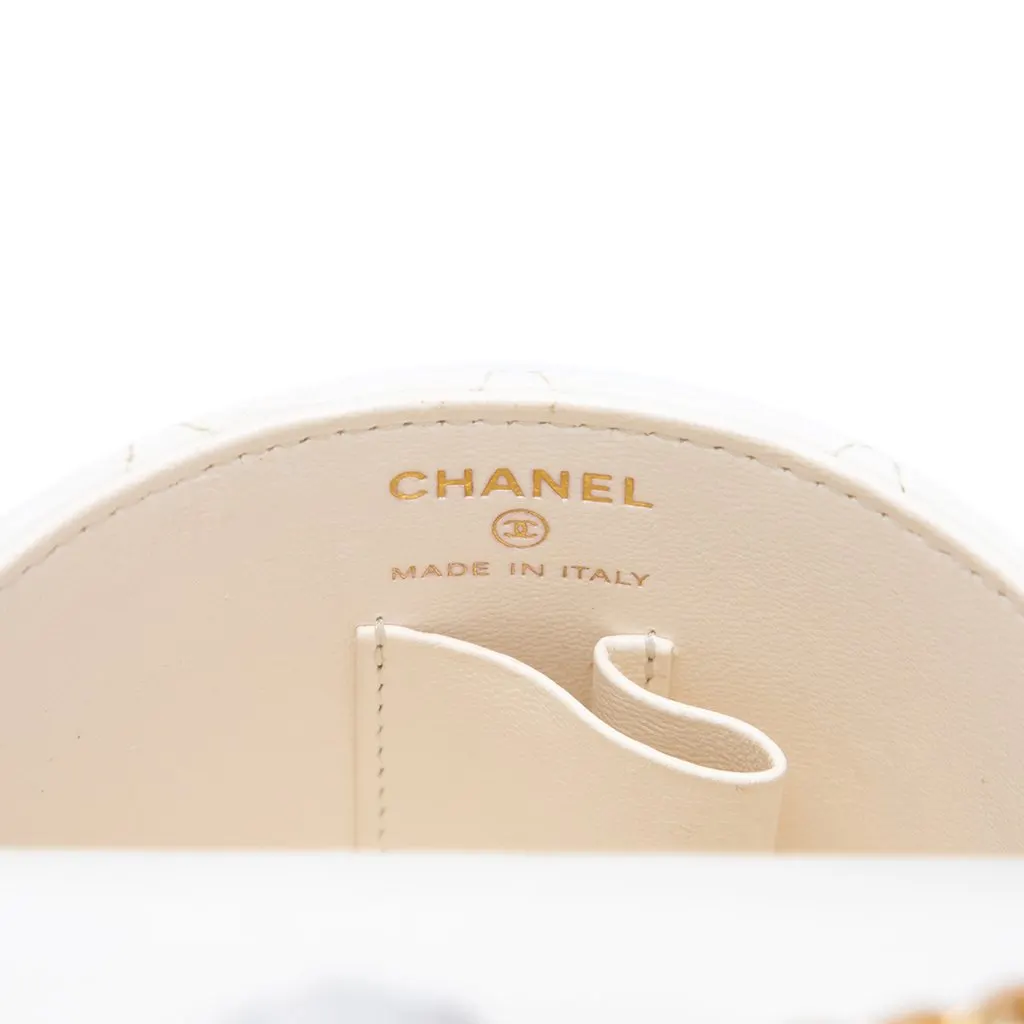 Chanel CC Quilted Lambskin Top Handle Round Vanity Case with Chain White Leather Very good - Box View