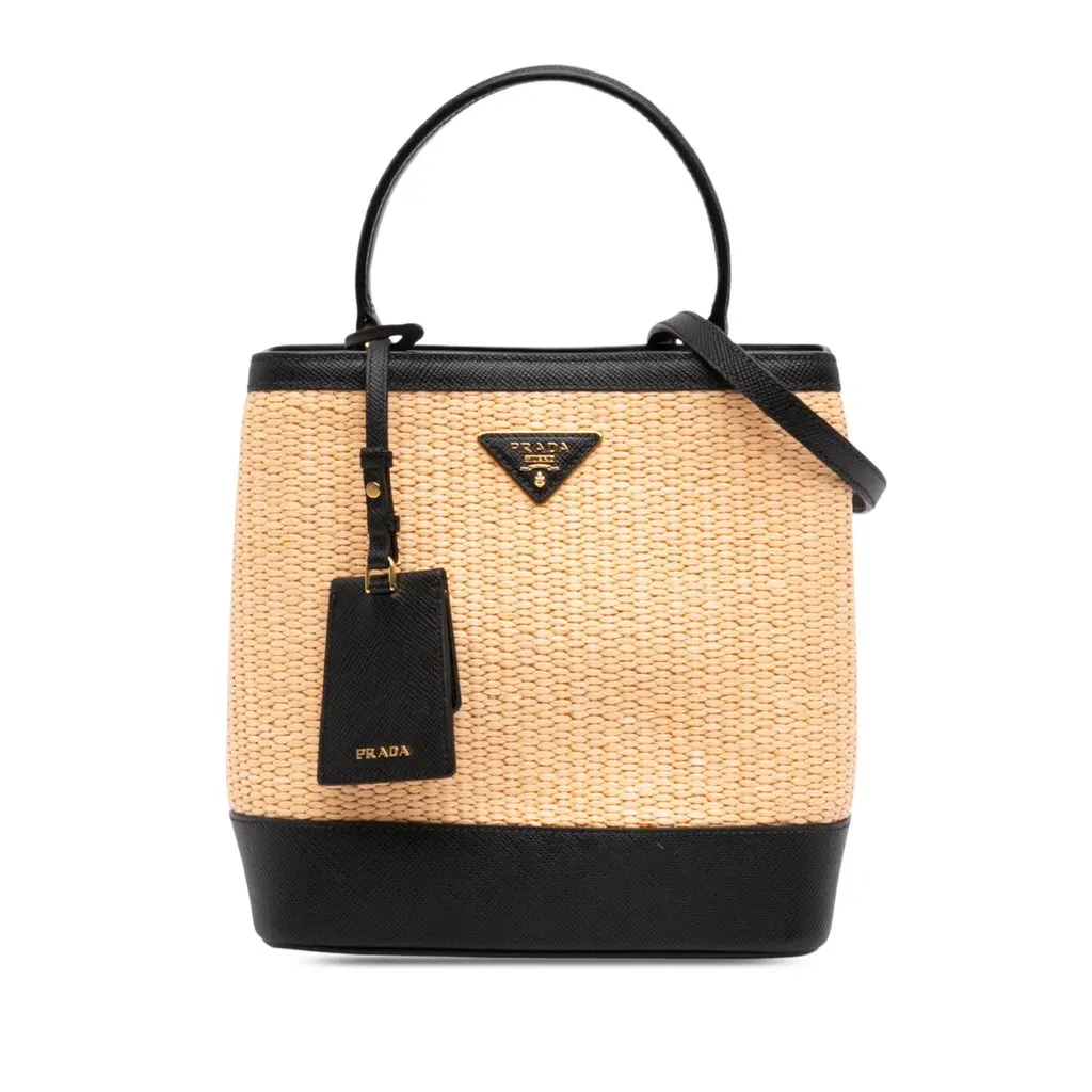 Prada Medium Saffiano Trimmed Paglia Panier Bag Beige Rattan Very good - Front View
