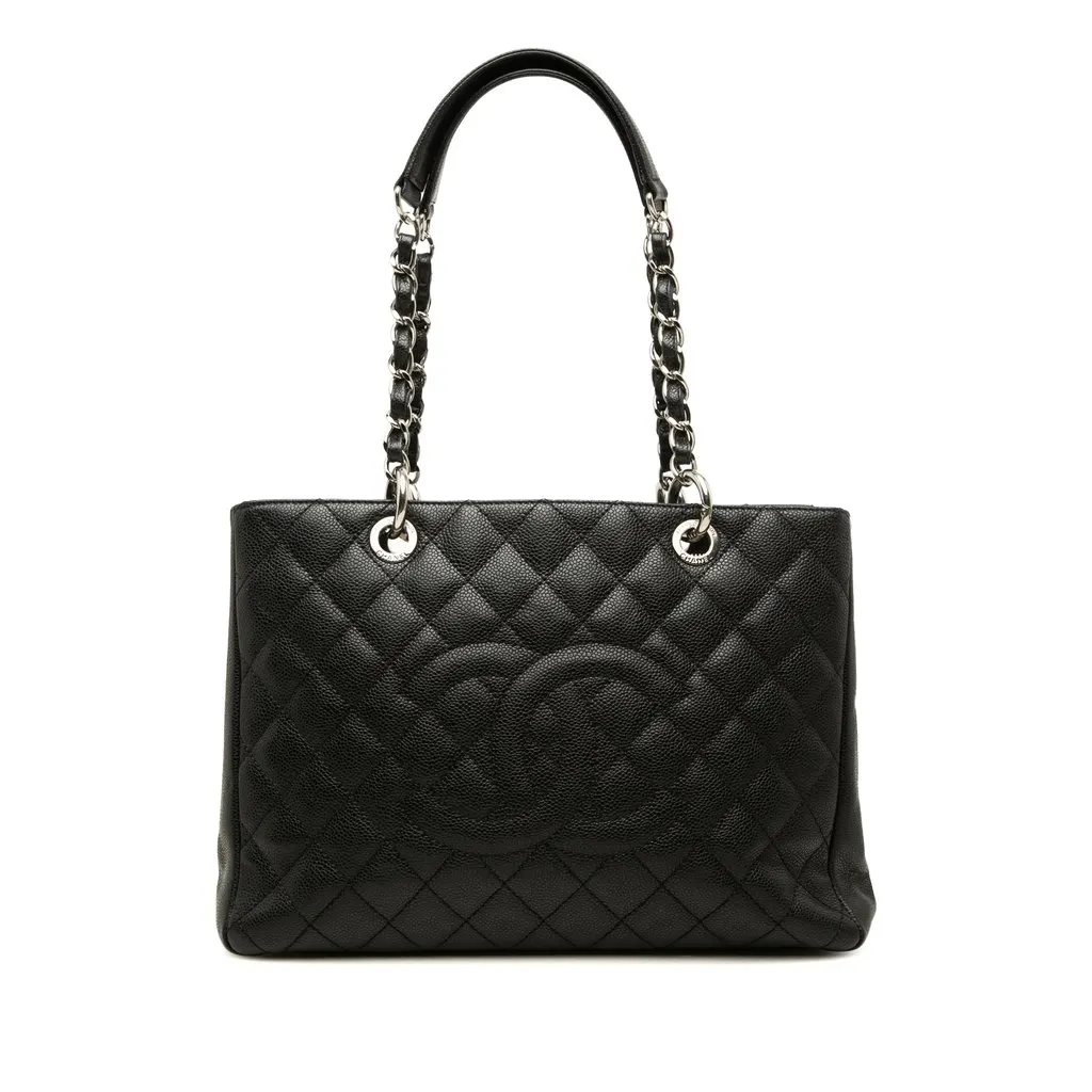 Chanel Caviar Grand Shopping Tote Black Leather Very good - Front View