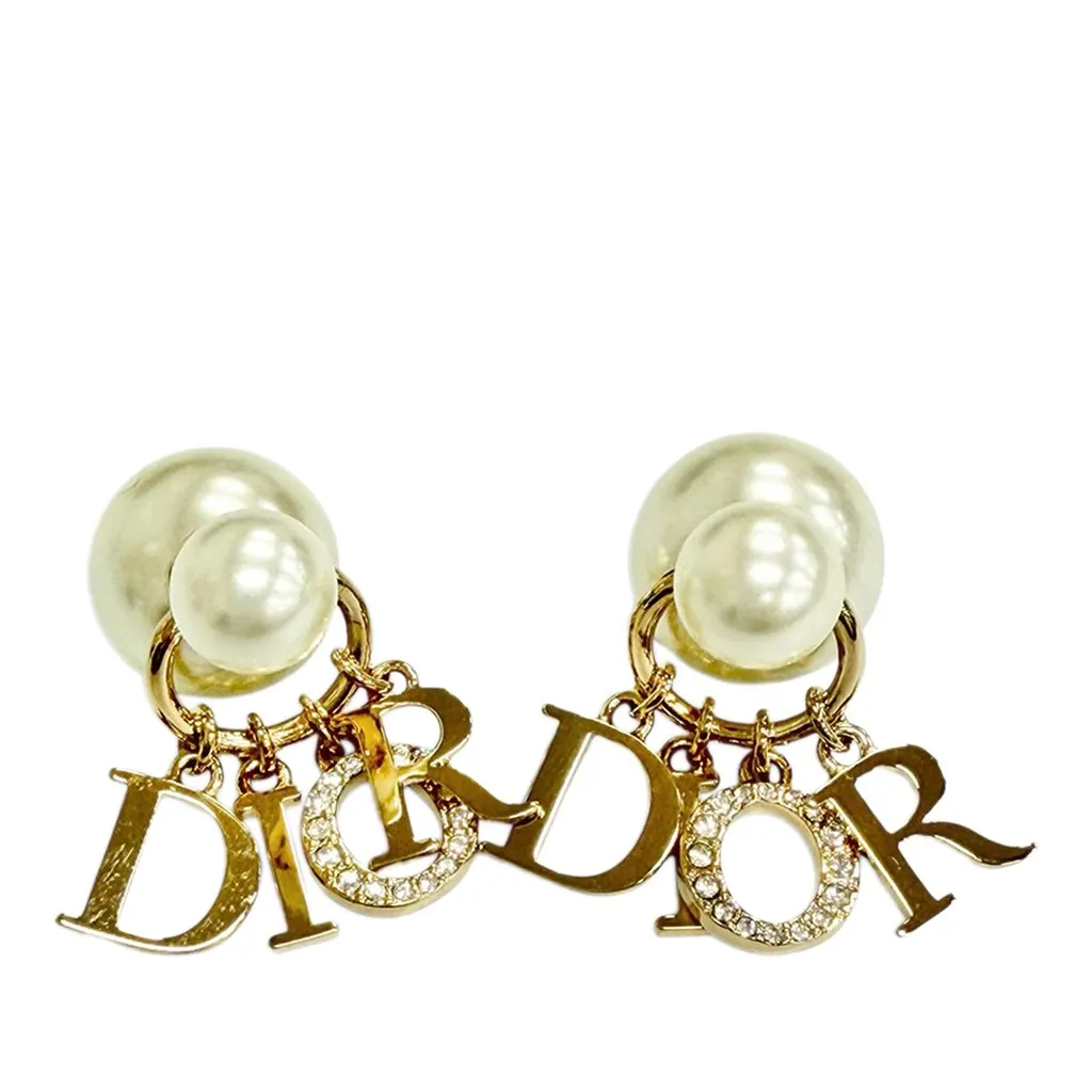 Dior Gold Plated Faux Pearl and Strass Logo Drop Tribales Push Back Earrings