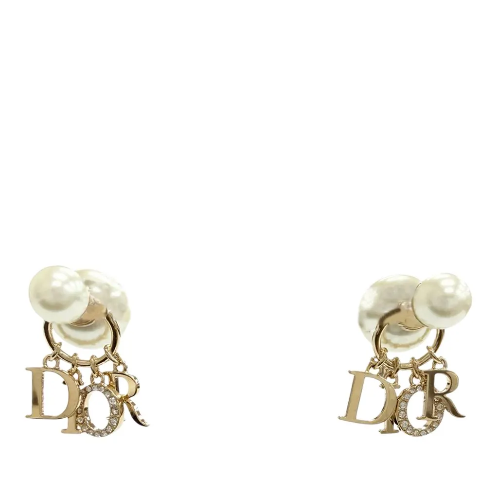 Dior Gold Plated Faux Pearl and Strass Logo Drop Tribales Push Back Earrings Gold Metal Very good - Back View