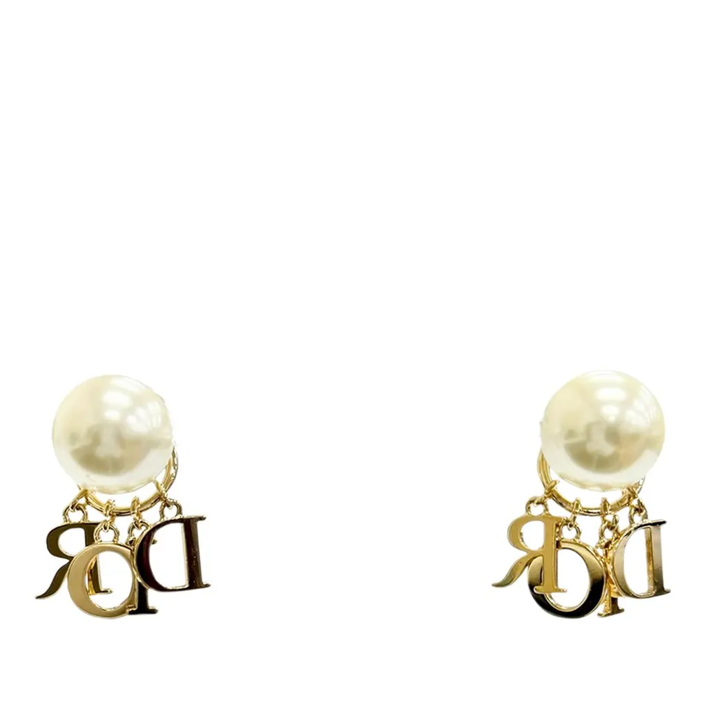 Dior Gold Plated Faux Pearl and Strass Logo Drop Tribales Push Back Earrings Gold Metal Very good - Inside View
