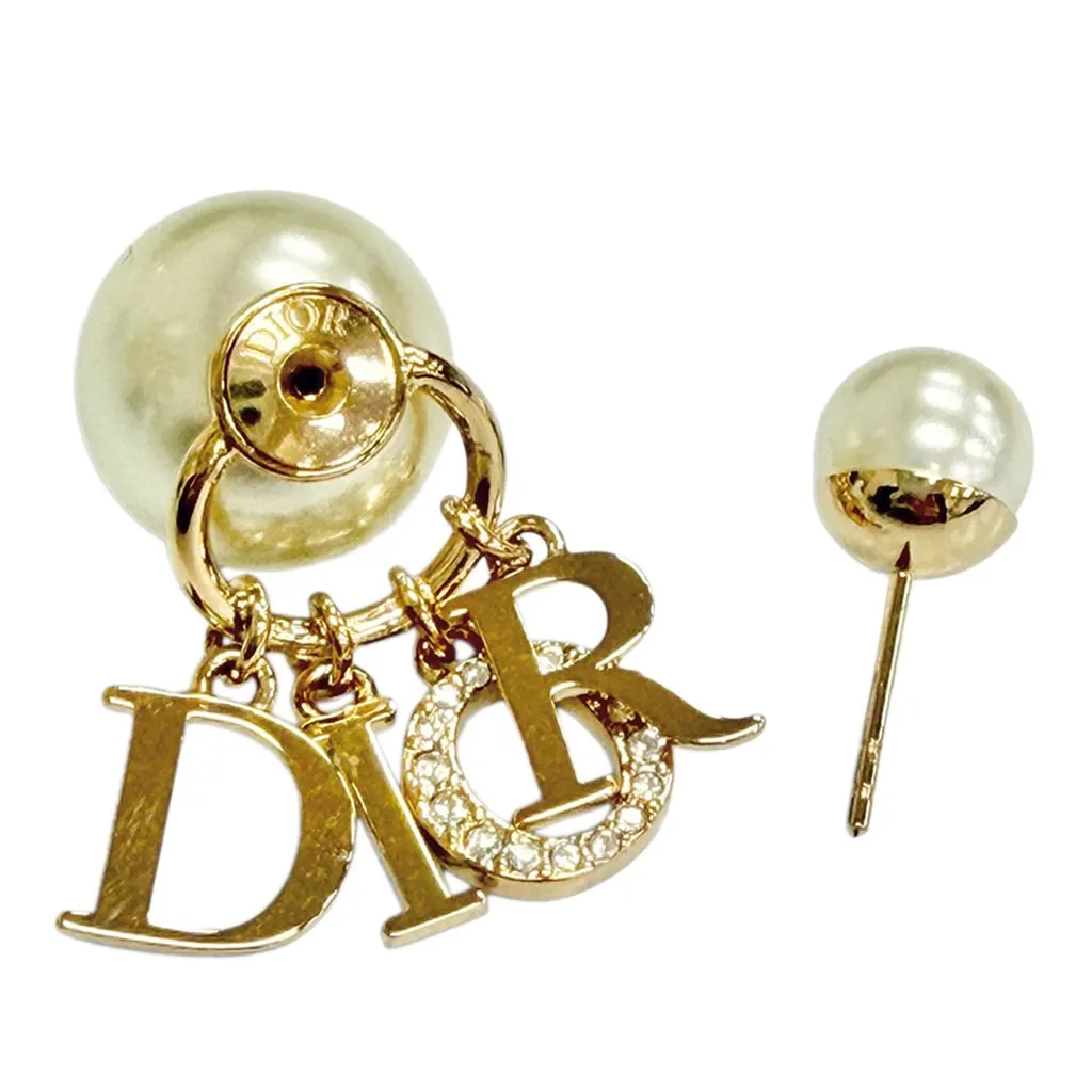 Dior Gold Plated Faux Pearl and Strass Logo Drop Tribales Push Back Earrings Gold Metal Very good - Model View