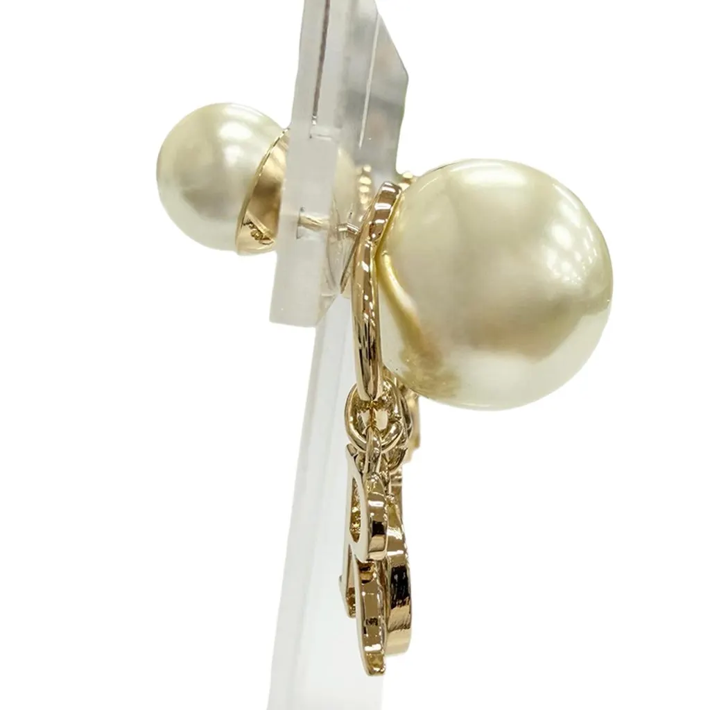 Dior Gold Plated Faux Pearl and Strass Logo Drop Tribales Push Back Earrings Gold Metal Very good - Box View
