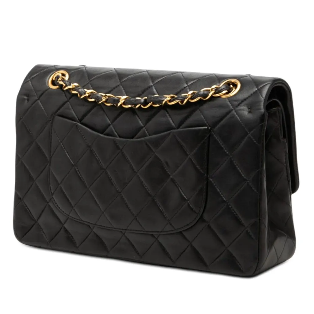 Chanel Medium Classic Lambskin Double Flap Black Leather Very good - Back View