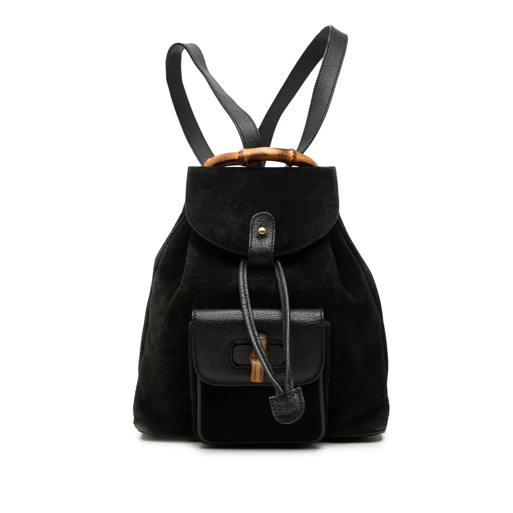 Gucci Suede Bamboo Drawstring Backpack Black Leather Very good - Front View