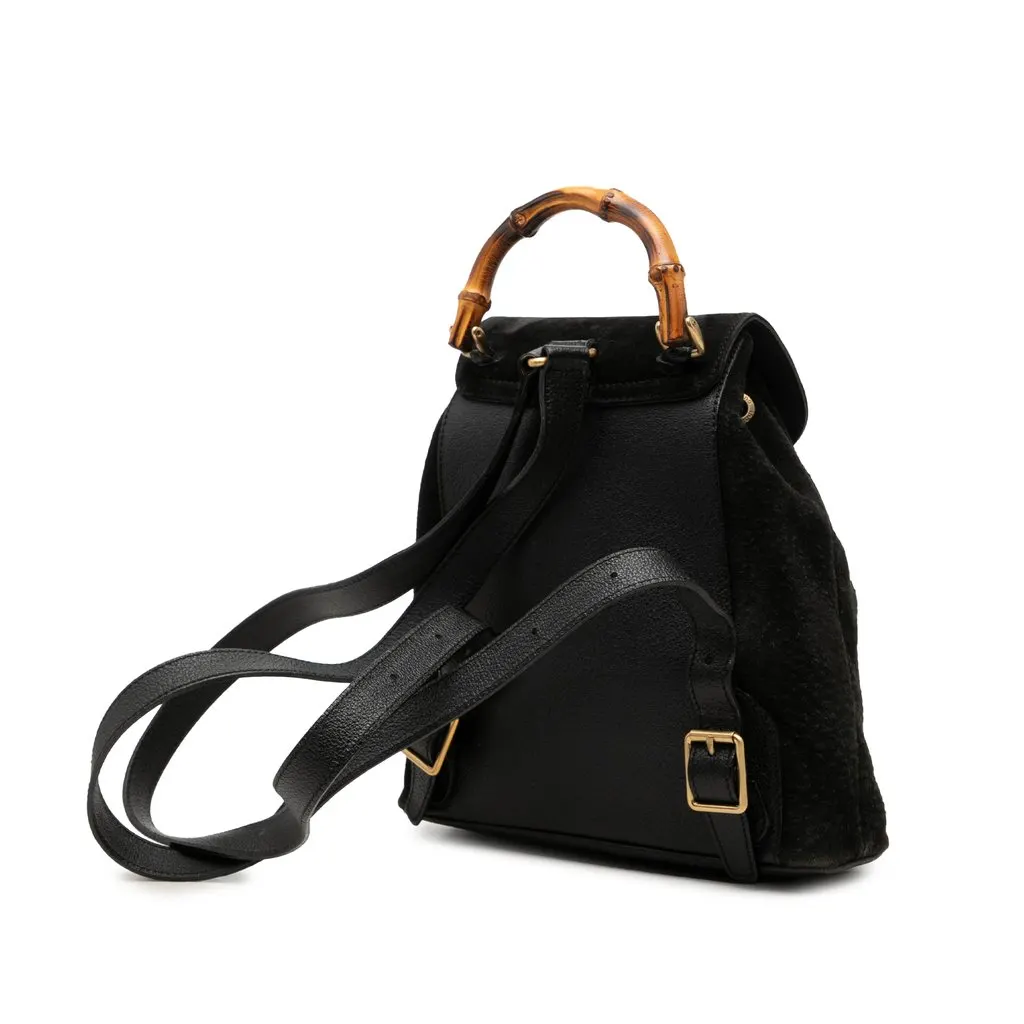 Gucci Suede Bamboo Drawstring Backpack Black Leather Very good - Back View