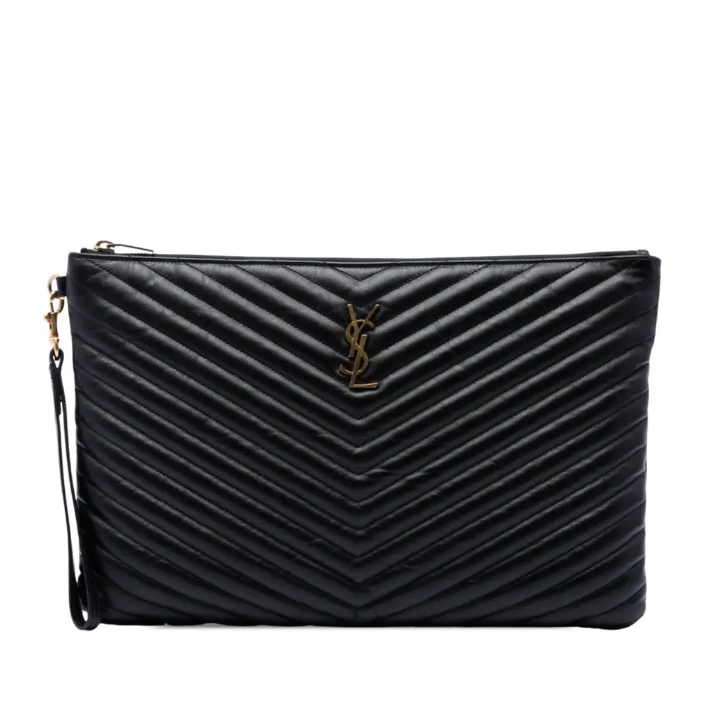 Saint Laurent Chevron Calfskin Cassandre Document Holder Black Leather Very good - Front View