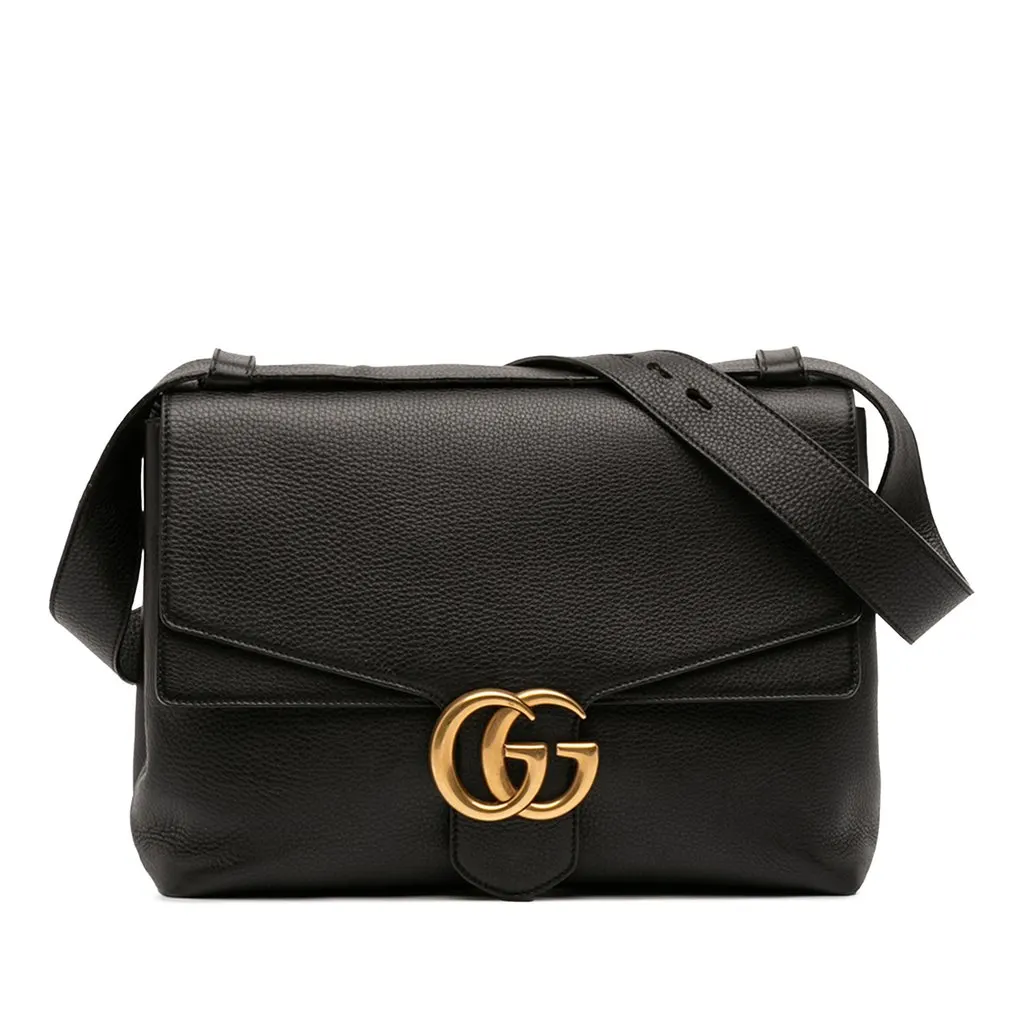Gucci Large GG Marmont Pebbled Calfskin Flap Shoulder Bag Black Leather Very good - Front View