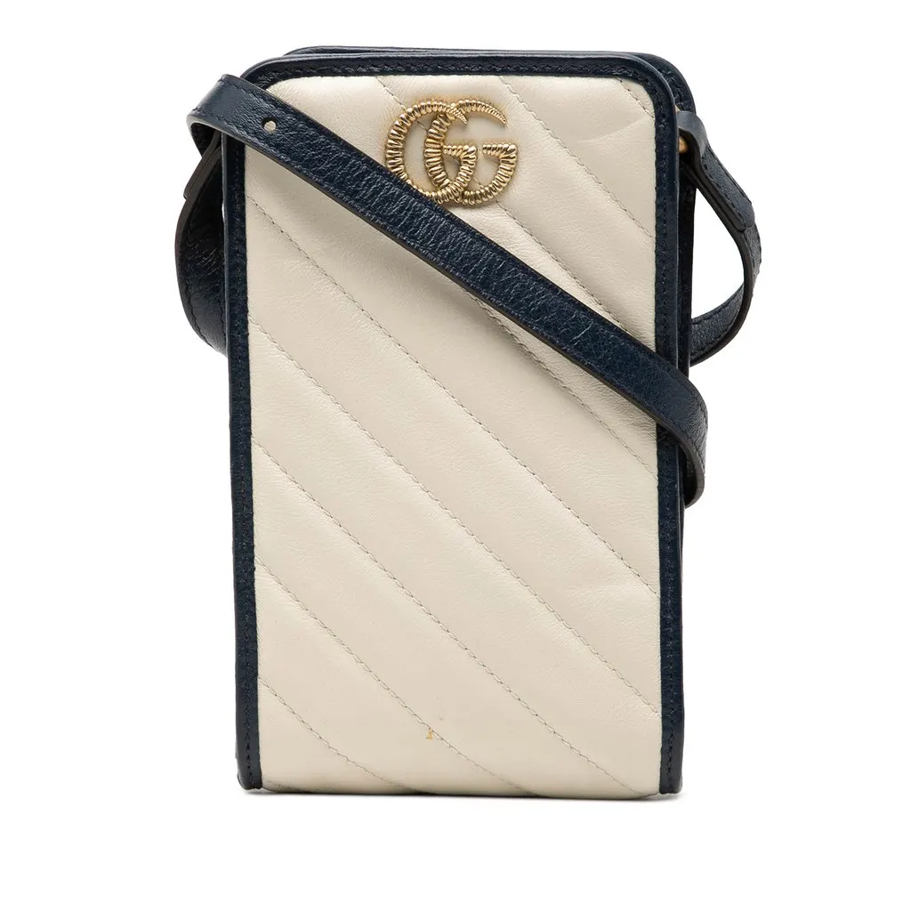 Gucci GG Marmont Matelasse Diagonal Calfskin Torchon Phone Holder Crossbody White Leather Very good - Front View