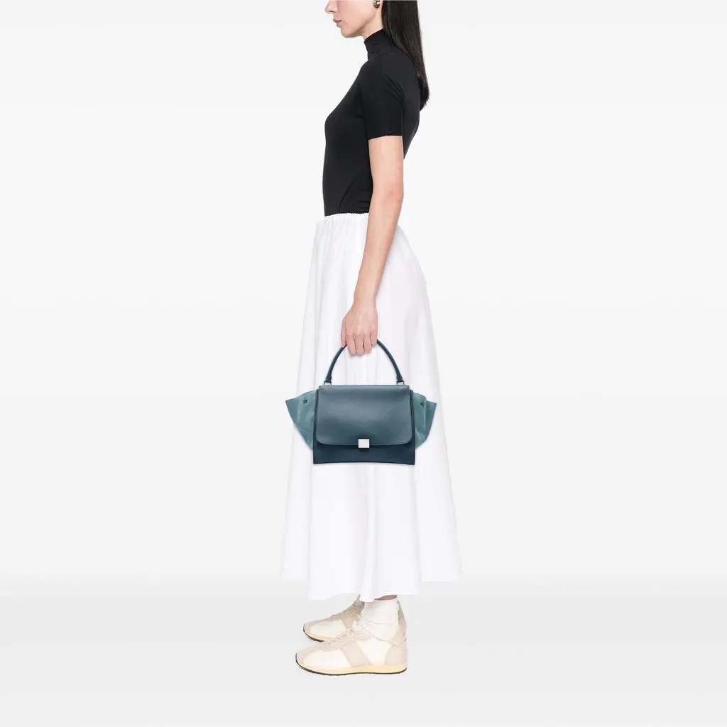 Celine Large Drummed Calfskin and Suede Trapeze Satchel Blue Leather Very good - Box View