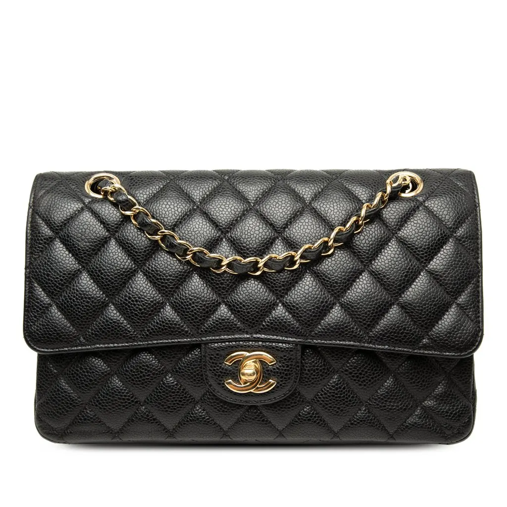 Chanel Medium Classic Caviar Double Flap Black Leather Very good - Front View