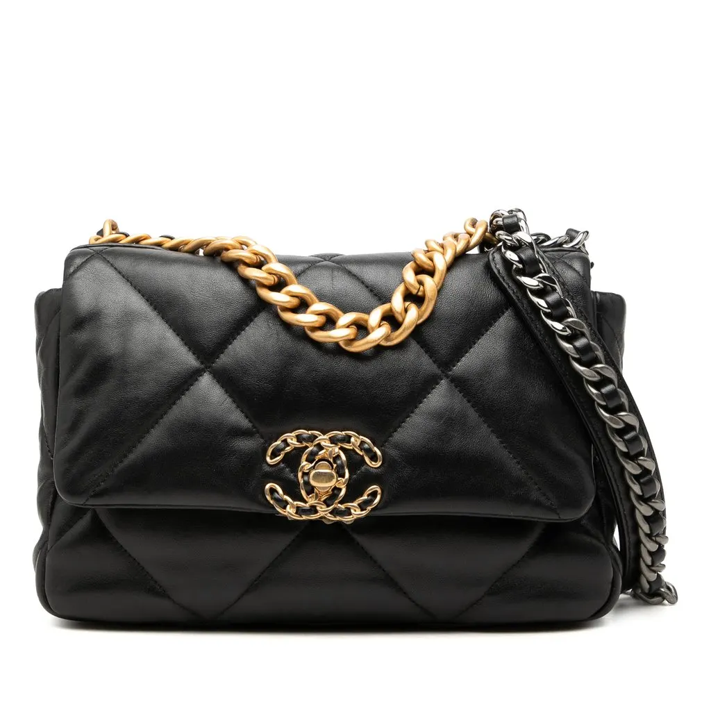 Chanel Medium Lambskin 19 Flap Black Leather Good - Front View