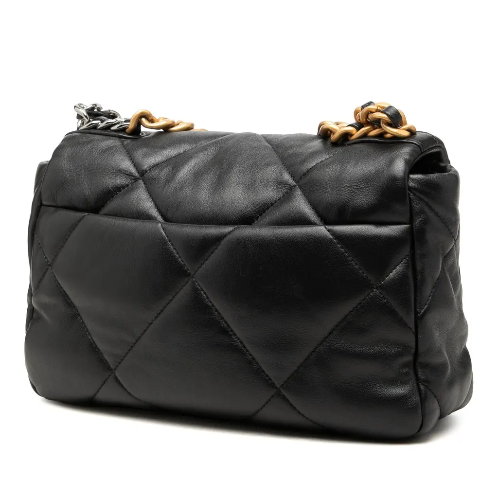 Chanel Medium Lambskin 19 Flap Black Leather Good - Back View