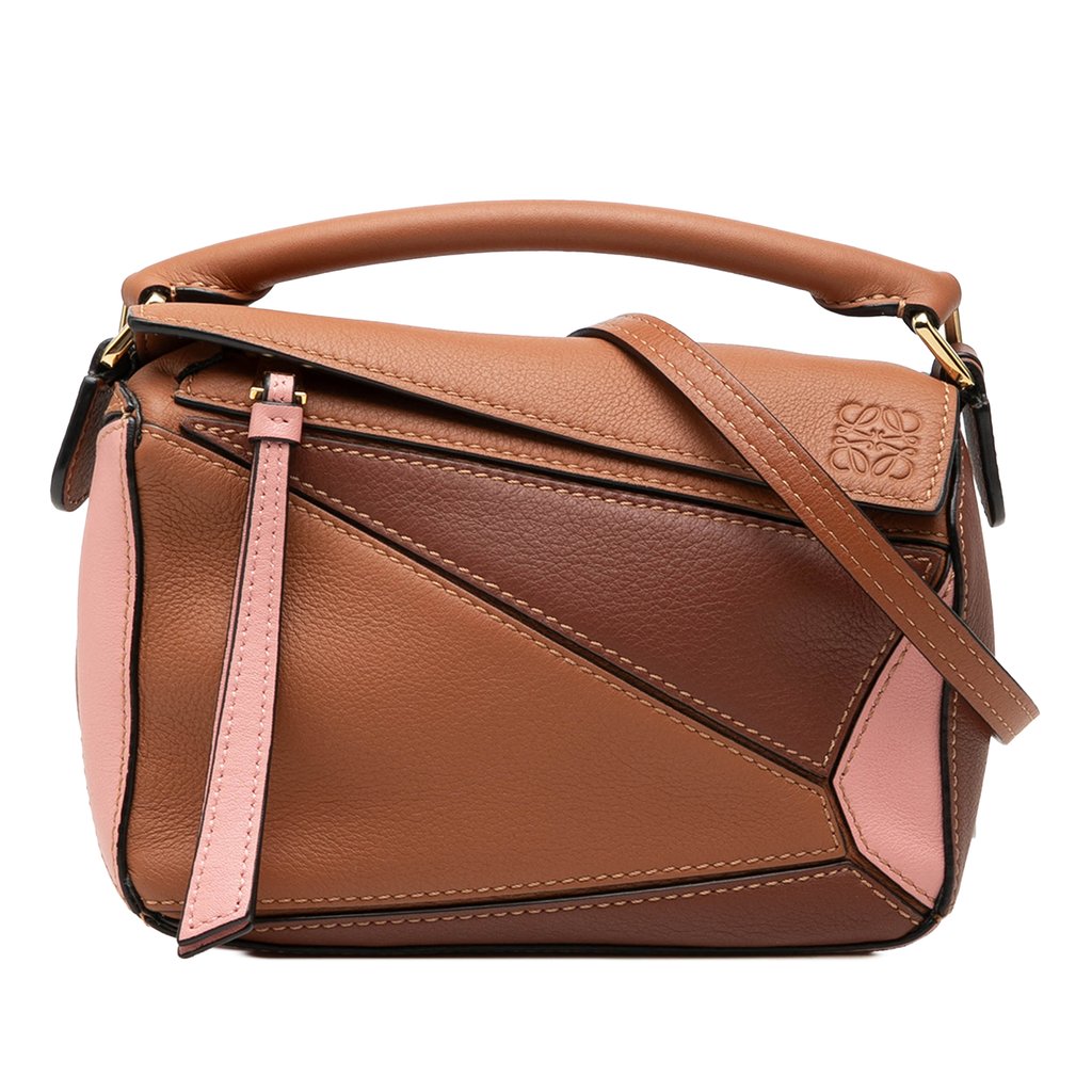 LOEWE Mini Tricolor Calfskin Puzzle Satchel Brown Mini Leath