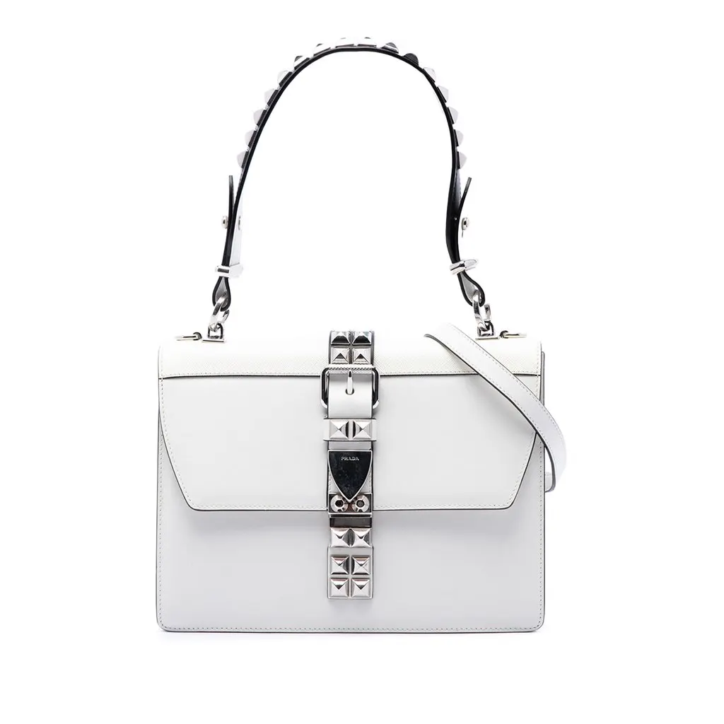 Prada City Calf and Saffiano Studded Elektra Satchel White Leather Very good - Front View