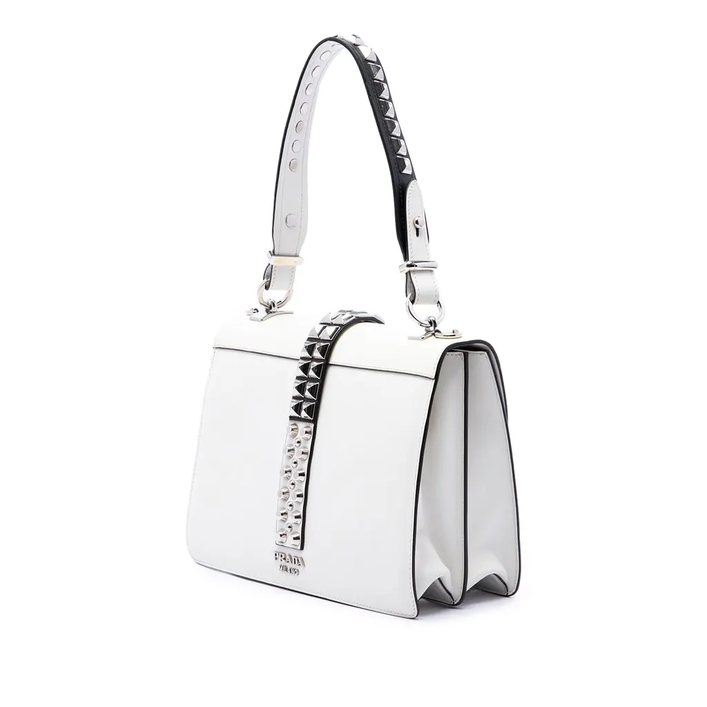 Prada City Calf and Saffiano Studded Elektra Satchel White Leather Very good - Back View