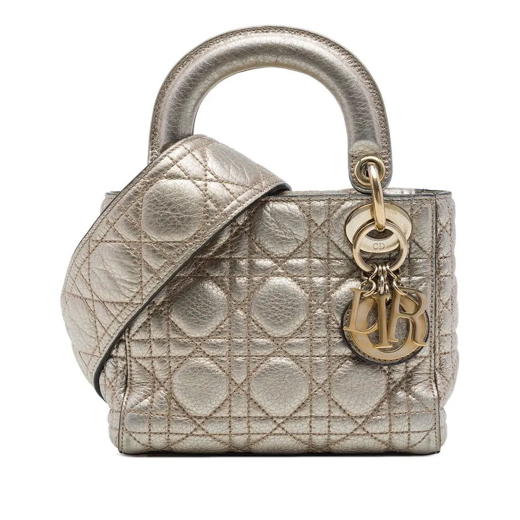 Dior Mini Metallic Calfskin Cannage Supple Lady Dior Gold Leather Good - Front View