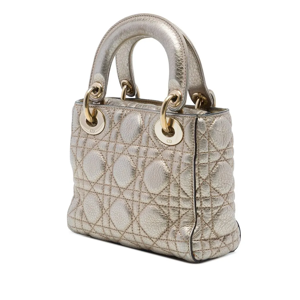 Dior Mini Metallic Calfskin Cannage Supple Lady Dior Gold Leather Good - Back View