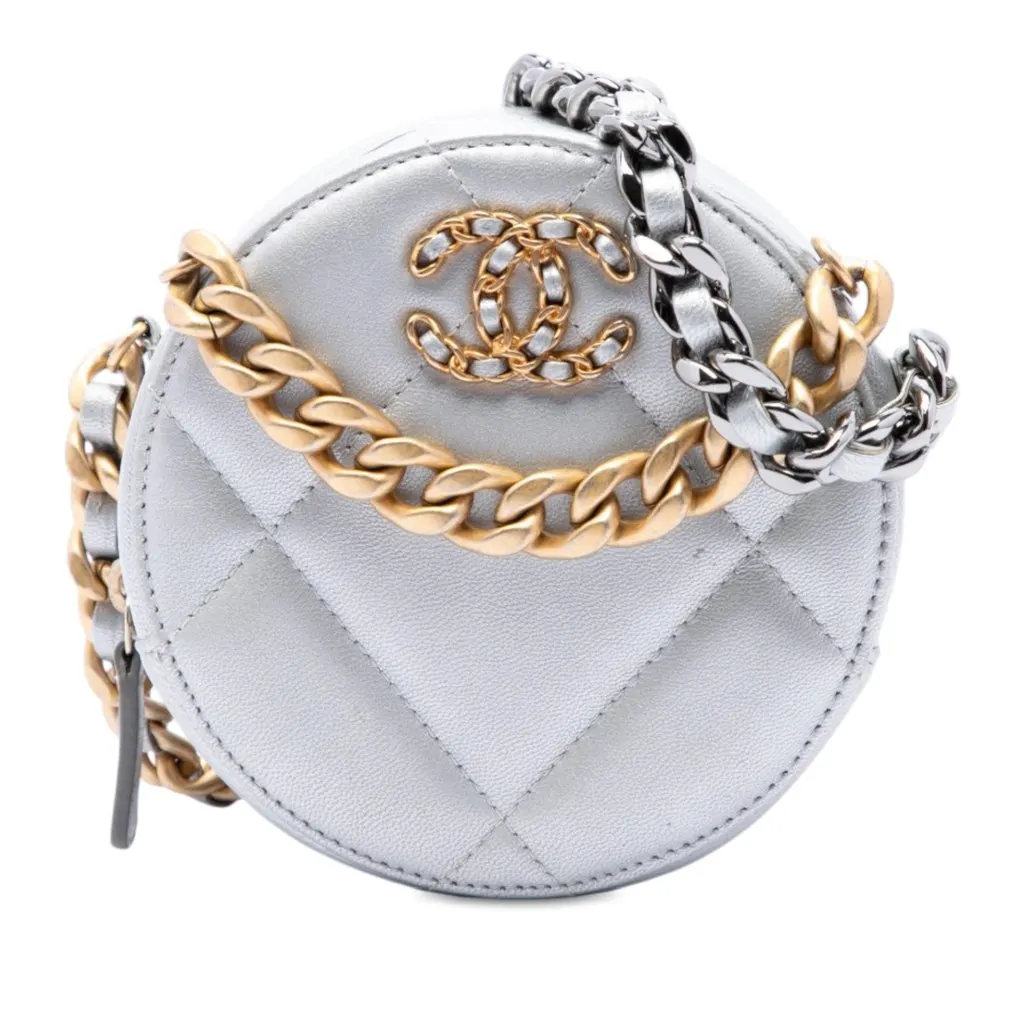 Chanel Metallic Lambskin 19 Round Clutch with Chain Silver Leather Very good - Front View