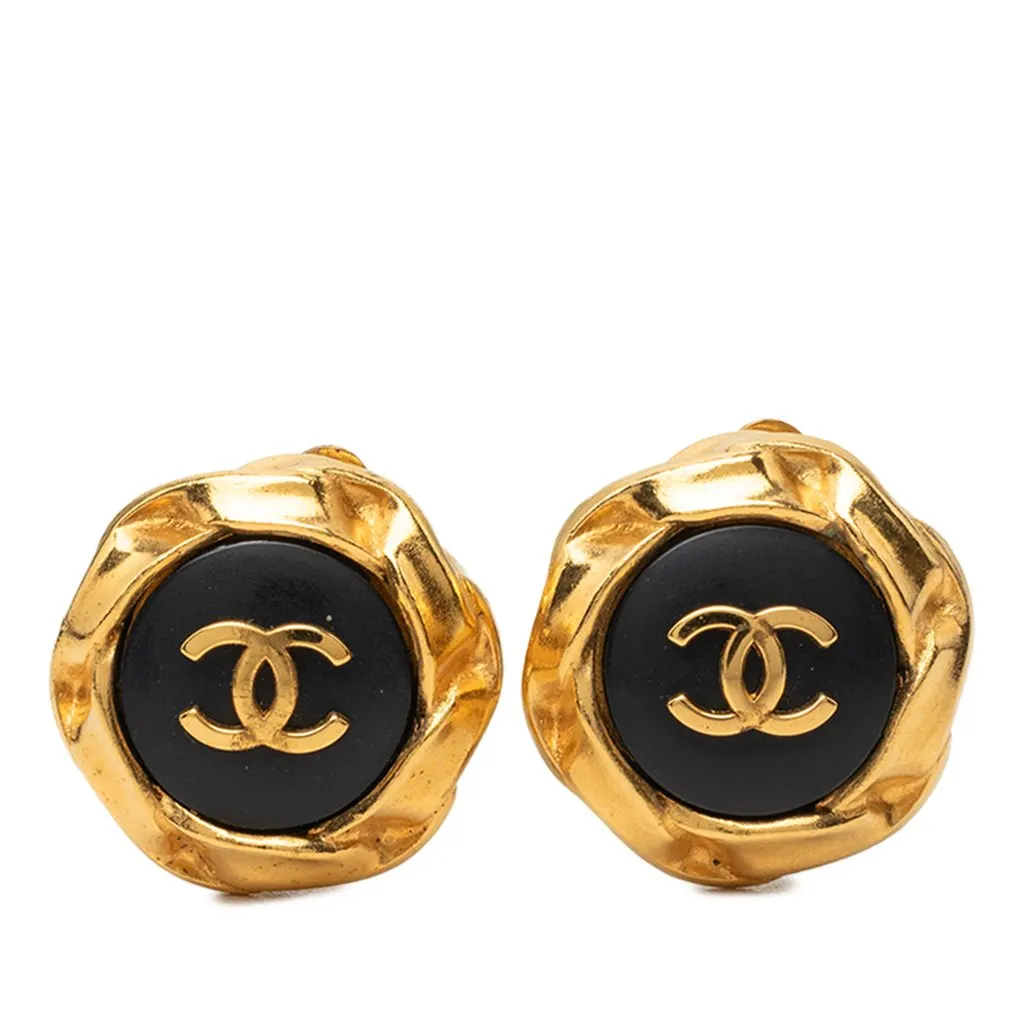 Chanel CC Gold Plated and Enamel Button Clip On Earrings Gold Metal Very good - Front View