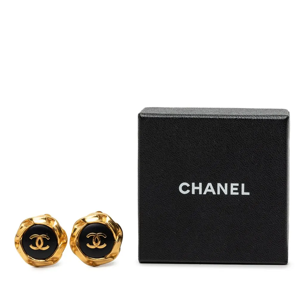 Chanel CC Gold Plated and Enamel Button Clip On Earrings Gold Metal Very good - Model View