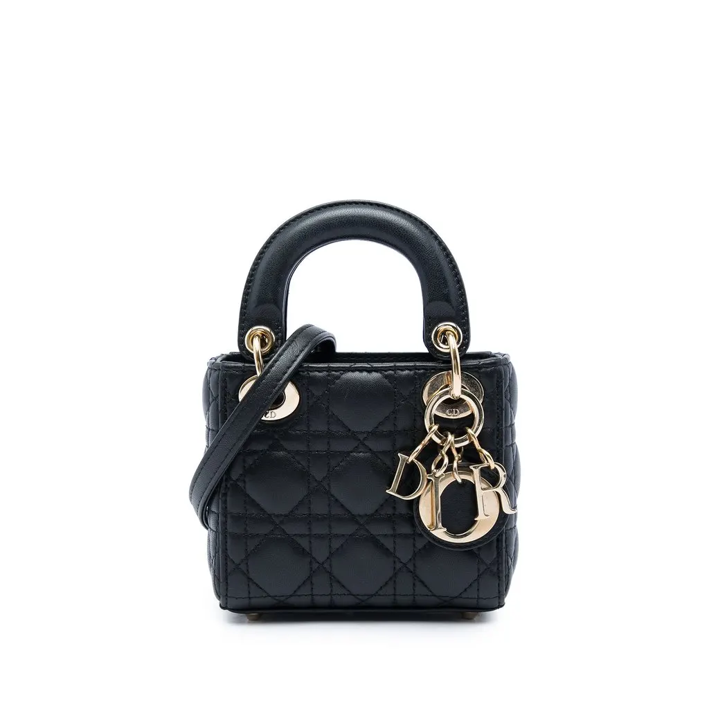 Dior Micro Lambskin Cannage Lady Dior Black Leather Very good - Front View