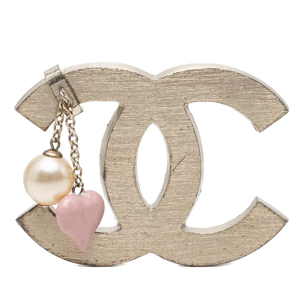Chanel CC Gold Plated Enamel and Faux Pearl Brooch Gold Metal Very good - Front View