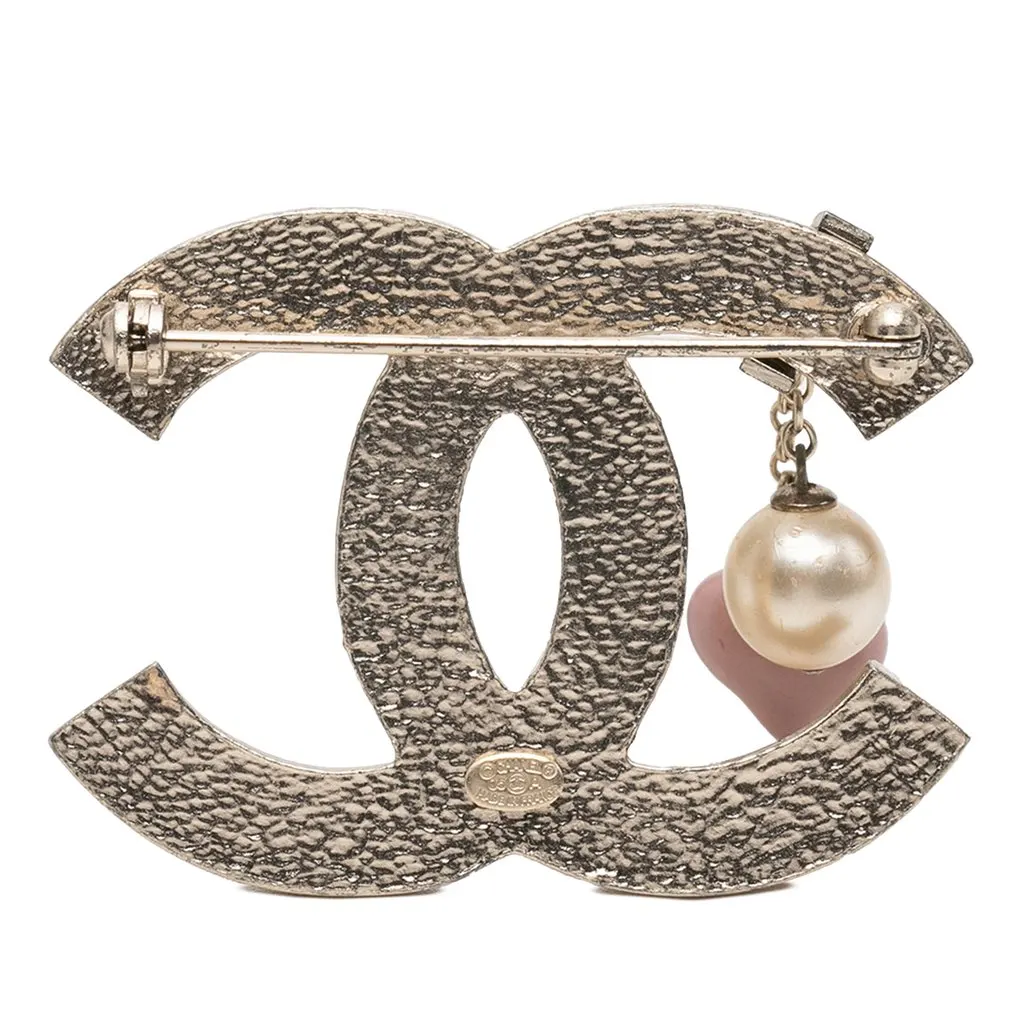 Chanel CC Gold Plated Enamel and Faux Pearl Brooch Gold Metal Very good - Back View
