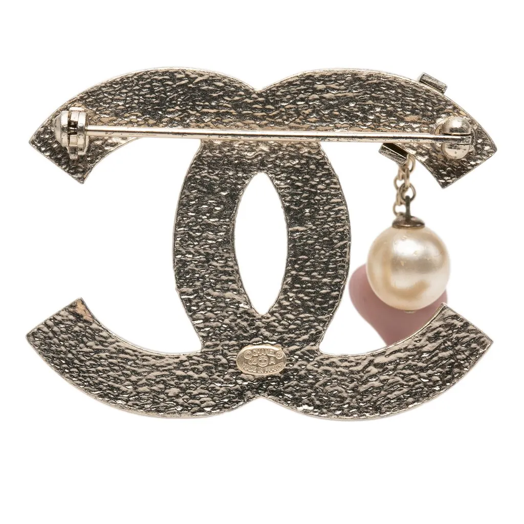 Chanel CC Gold Plated Enamel and Faux Pearl Brooch Gold Metal Very good - Inside View
