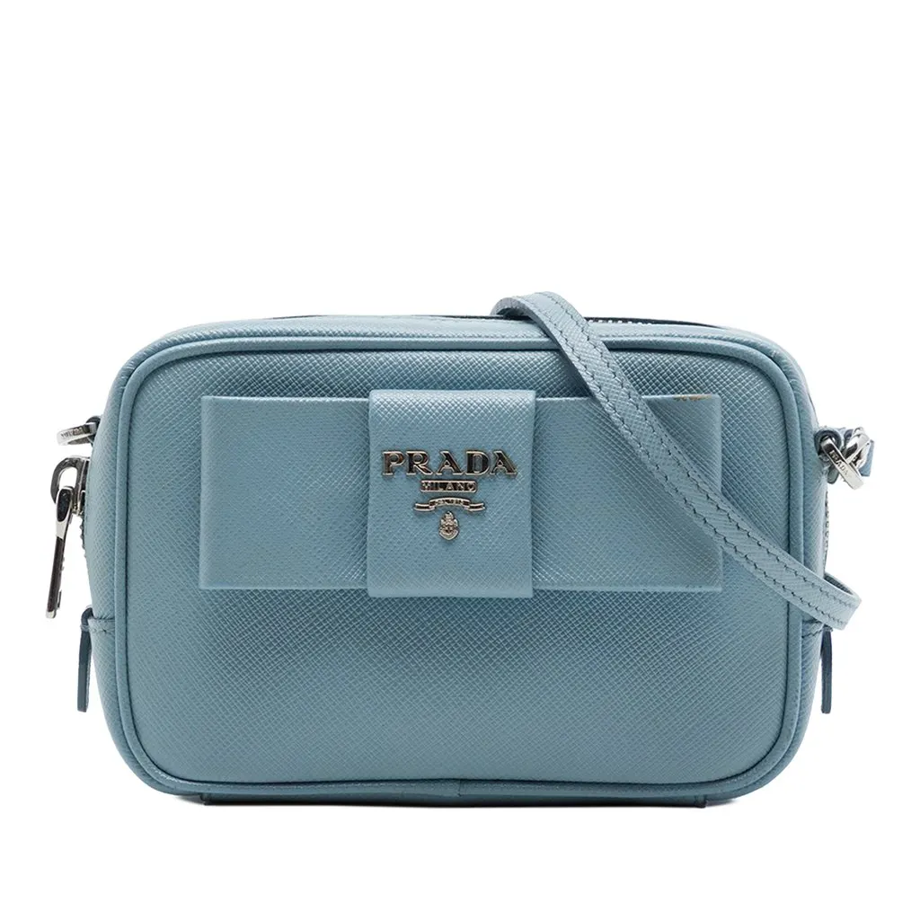 Prada Saffiano Fiocco Bow Camera Bag Blue Leather Good - Front View