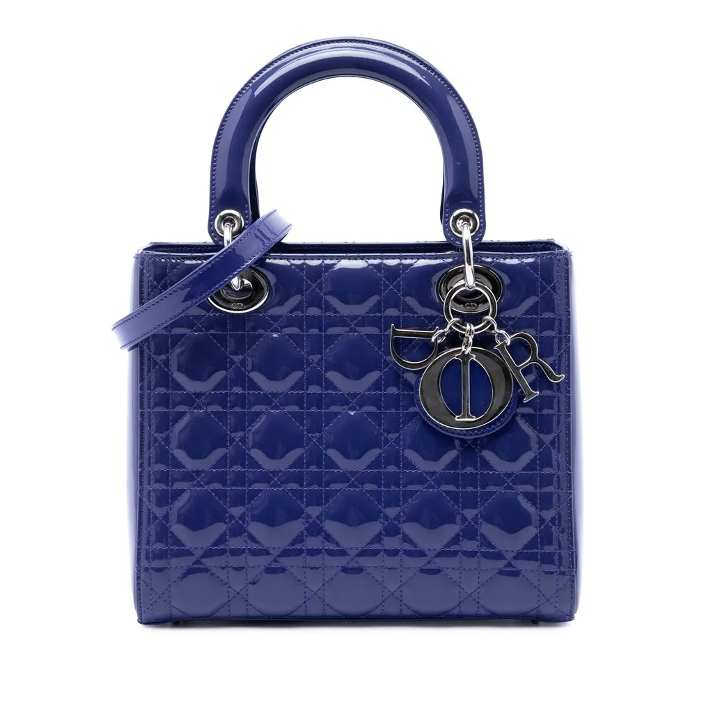 Dior Medium Patent Cannage Lady Dior Blue Leather Very good - Front View